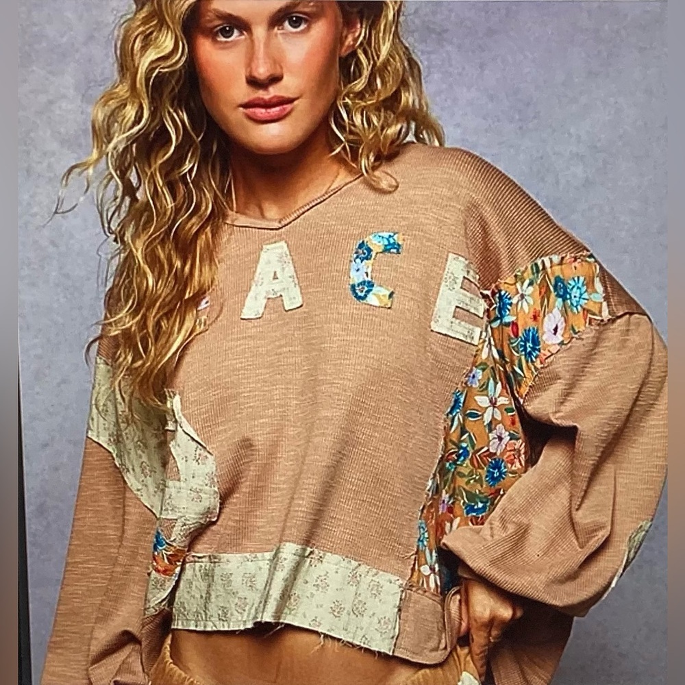 POL Patchwork Peace Sign and Lettering Top - Picture 2 of 4